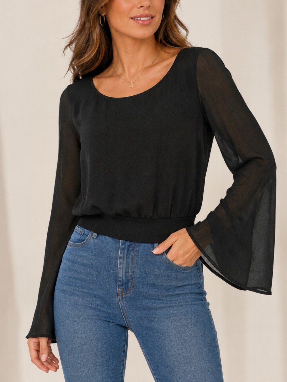 MY BRAND Women's Black Crepe-Texture Sheer Flare Sleeve Top Size XL